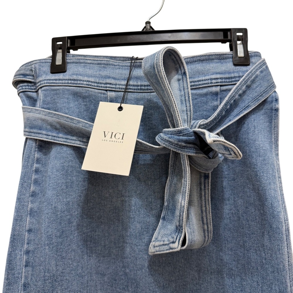 VICI Los Angeles Womens Denim Midi Wrap Skirt Jean Sz Medium Bow Tie Closure NWT - Picture 2 of 6
